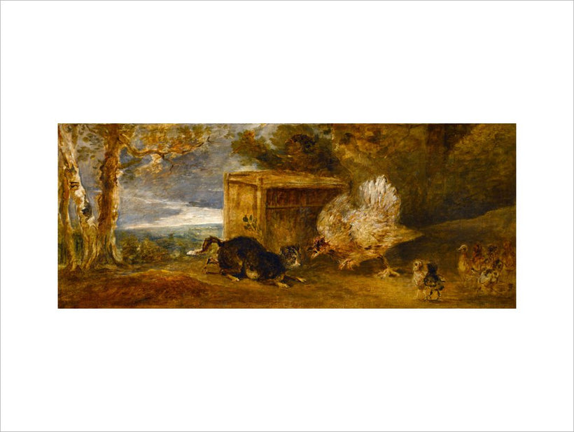 A Hen Defending Her Chickens from the Attack of a Cat