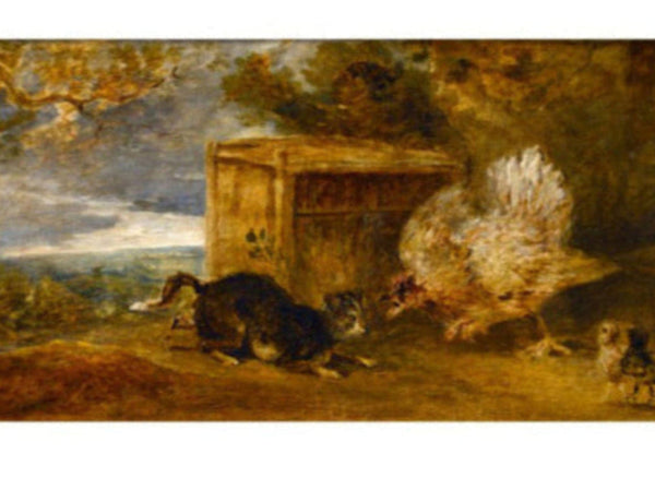 A Hen Defending Her Chickens from the Attack of a Cat