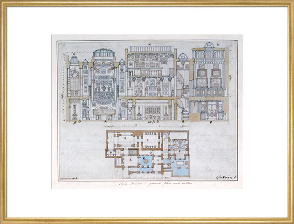 Cross-section through and plan of Sir John Soane's Museum, 1827
