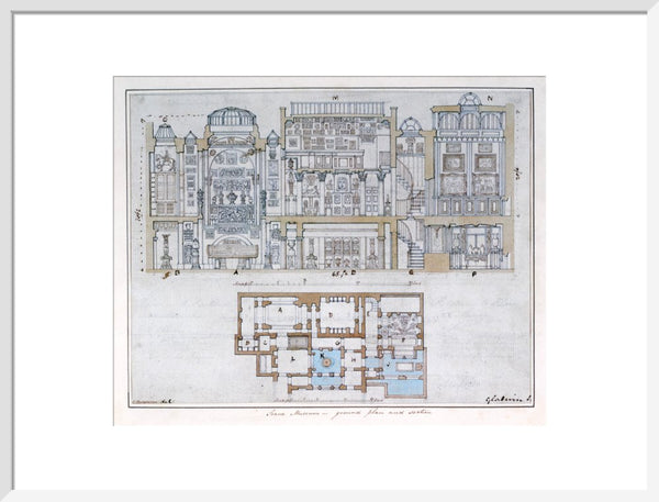 Cross-section through and plan of Sir John Soane's Museum, 1827