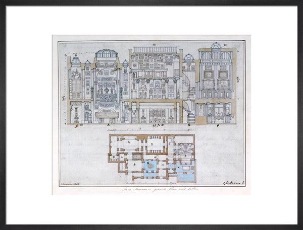 Cross-section through and plan of Sir John Soane's Museum, 1827