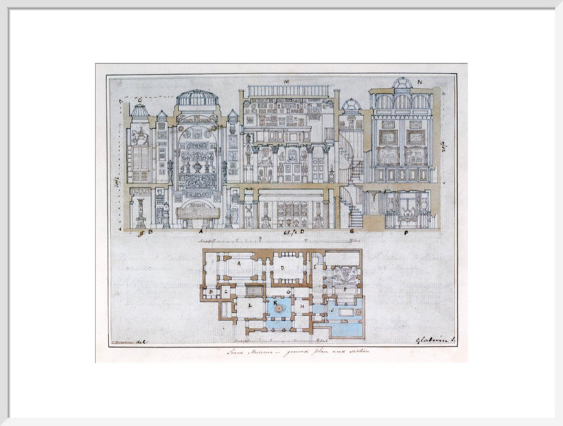 Cross-section through and plan of Sir John Soane's Museum, 1827