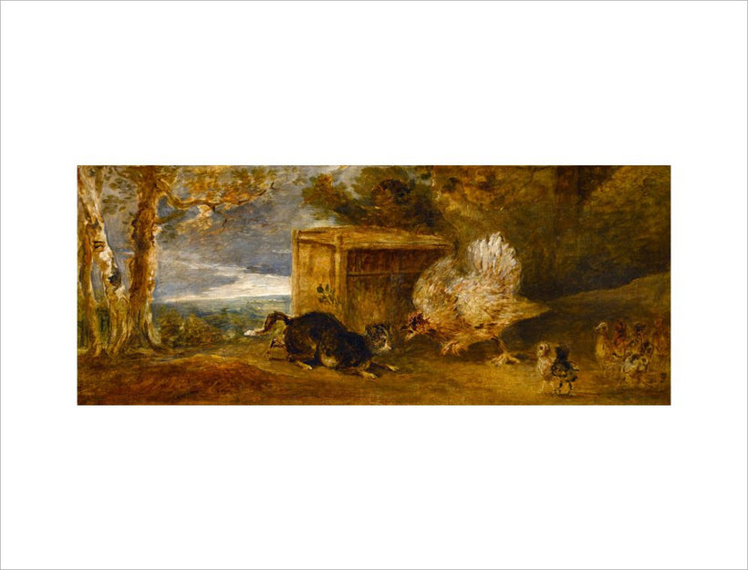 A Hen Defending Her Chickens from the Attack of a Cat