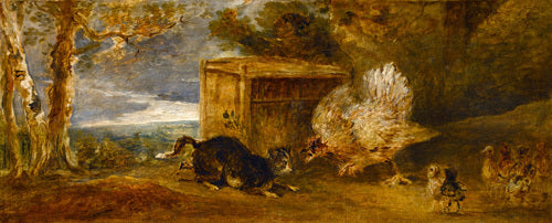 A Hen Defending Her Chickens from the Attack of a Cat