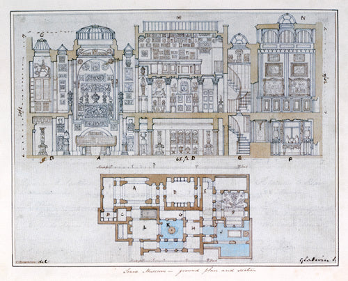 Cross-section through and plan of Sir John Soane's Museum, 1827