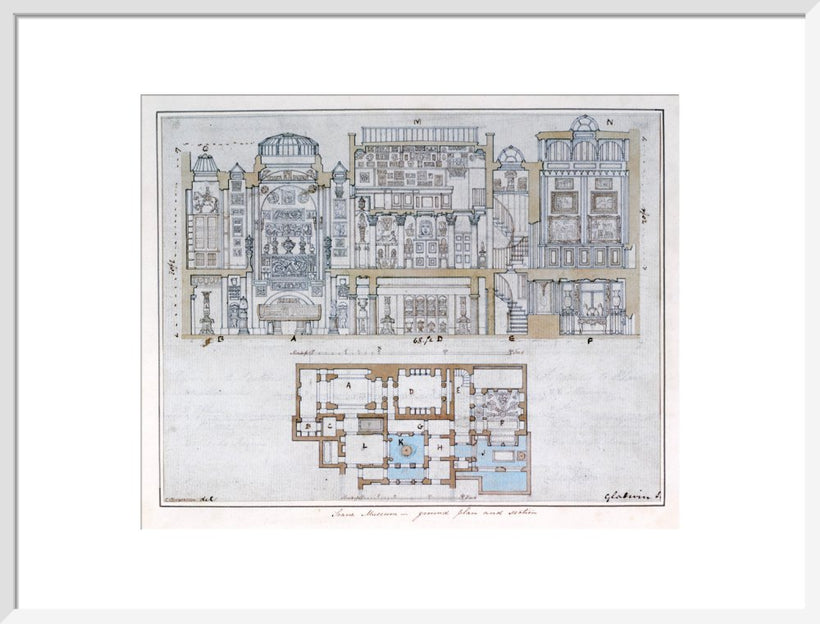 Cross-section through and plan of Sir John Soane's Museum, 1827
