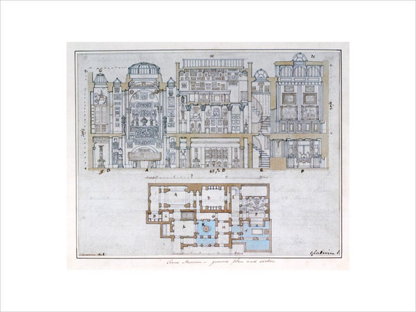 Cross-section through and plan of Sir John Soane's Museum, 1827