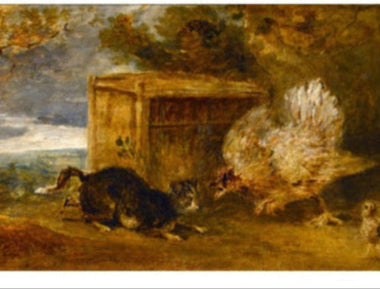 A Hen Defending Her Chickens from the Attack of a Cat