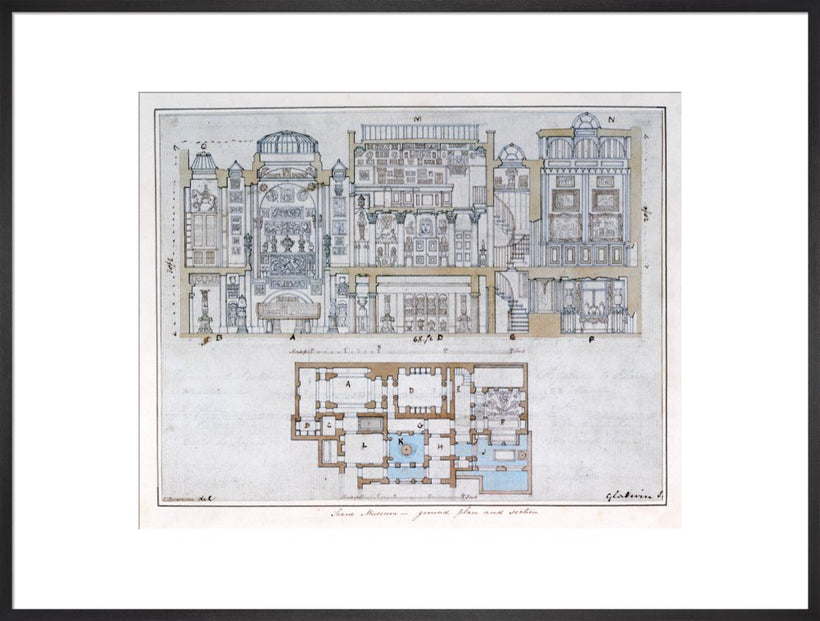 Cross-section through and plan of Sir John Soane's Museum, 1827