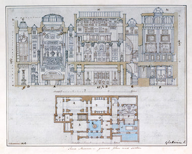 Cross-section through and plan of Sir John Soane's Museum, 1827